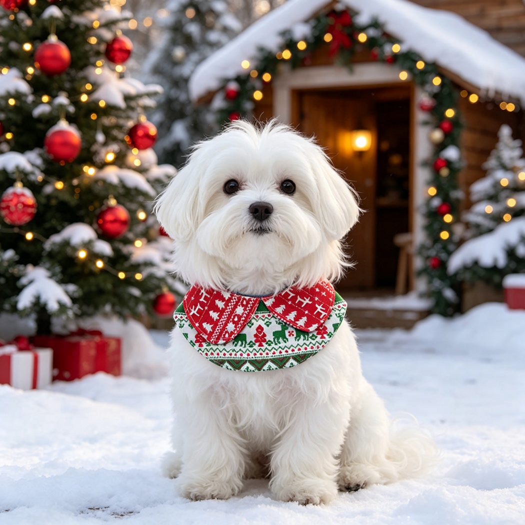 Red Bib pet neckwear worn by a white dog in a snowy decorated setting