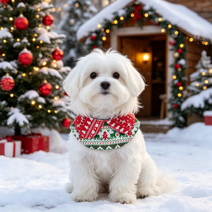 Red Bib pet neckwear worn by a white dog in a snowy decorated setting