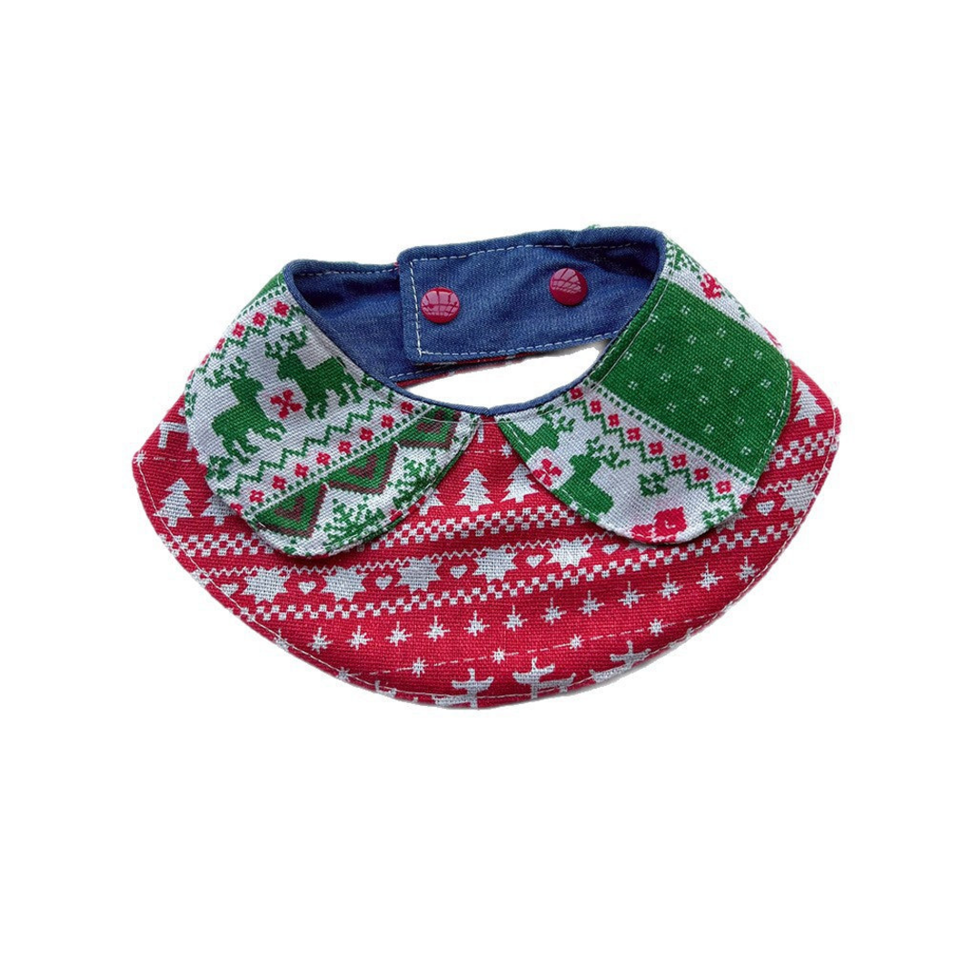 Green Bib pet neckwear with green and white rounded flaps over a red patterned bib