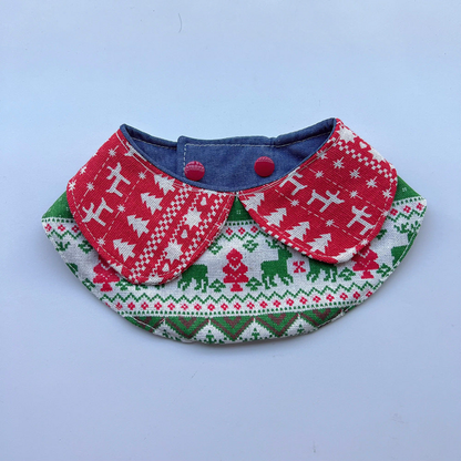 Red Bib pet neckwear with red rounded flaps, green and white motifs, and a blue inner layer