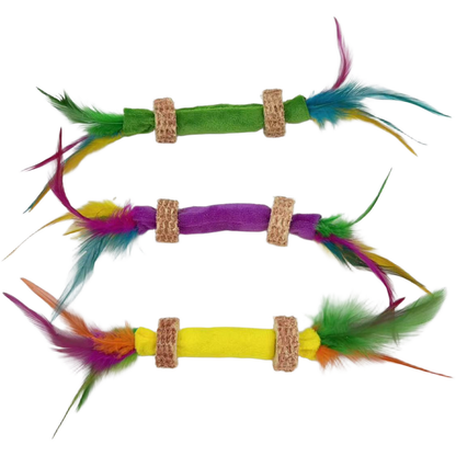 Green, Purple and Yellow double-ended feather stick cat toys with tan textured rings