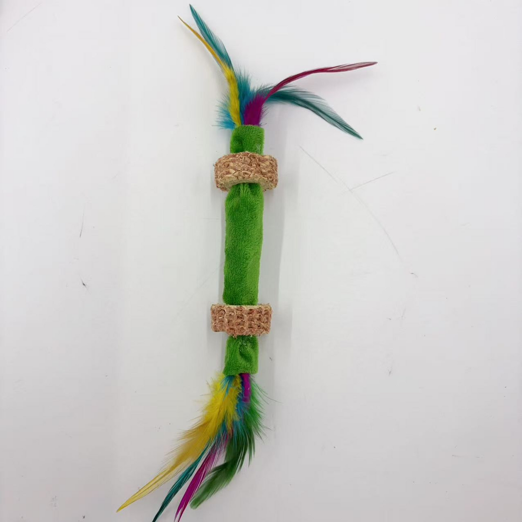 Green feather stick cat toy with two tan textured rings, vertical view