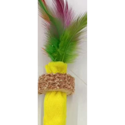 Yellow feather cat toy upper ring and feather attachment detail