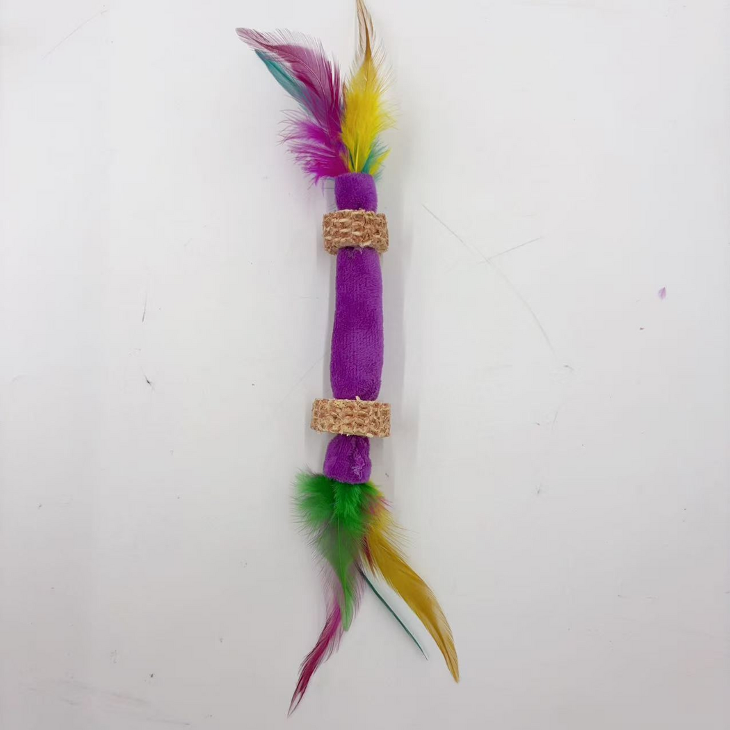 Purple feather stick cat toy with two tan textured rings, vertical view