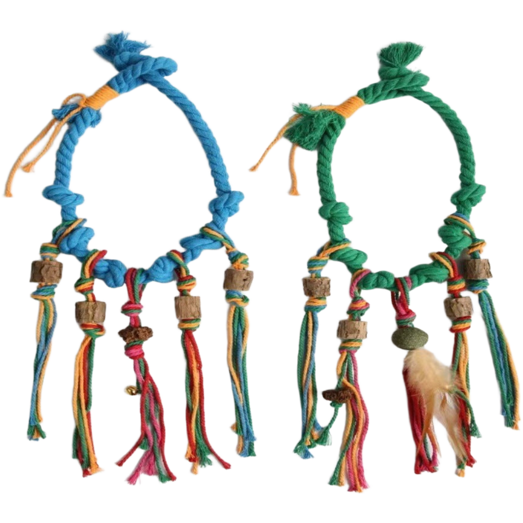Blue and Green knotted rope cat toys displayed side by side with multicolored cord tassels