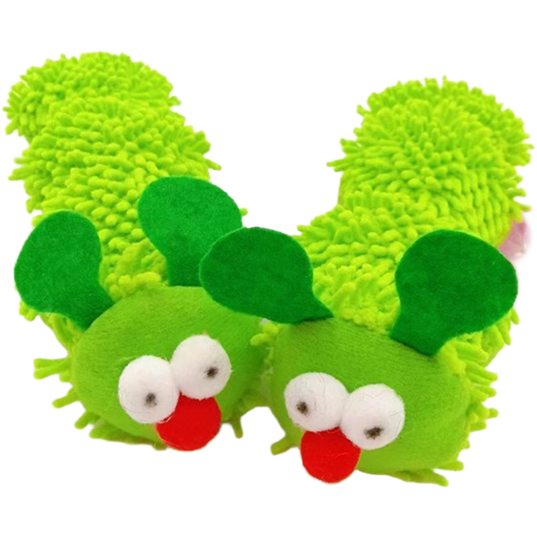 Two bright green caterpillar-shaped cat toys displayed side by side, front view