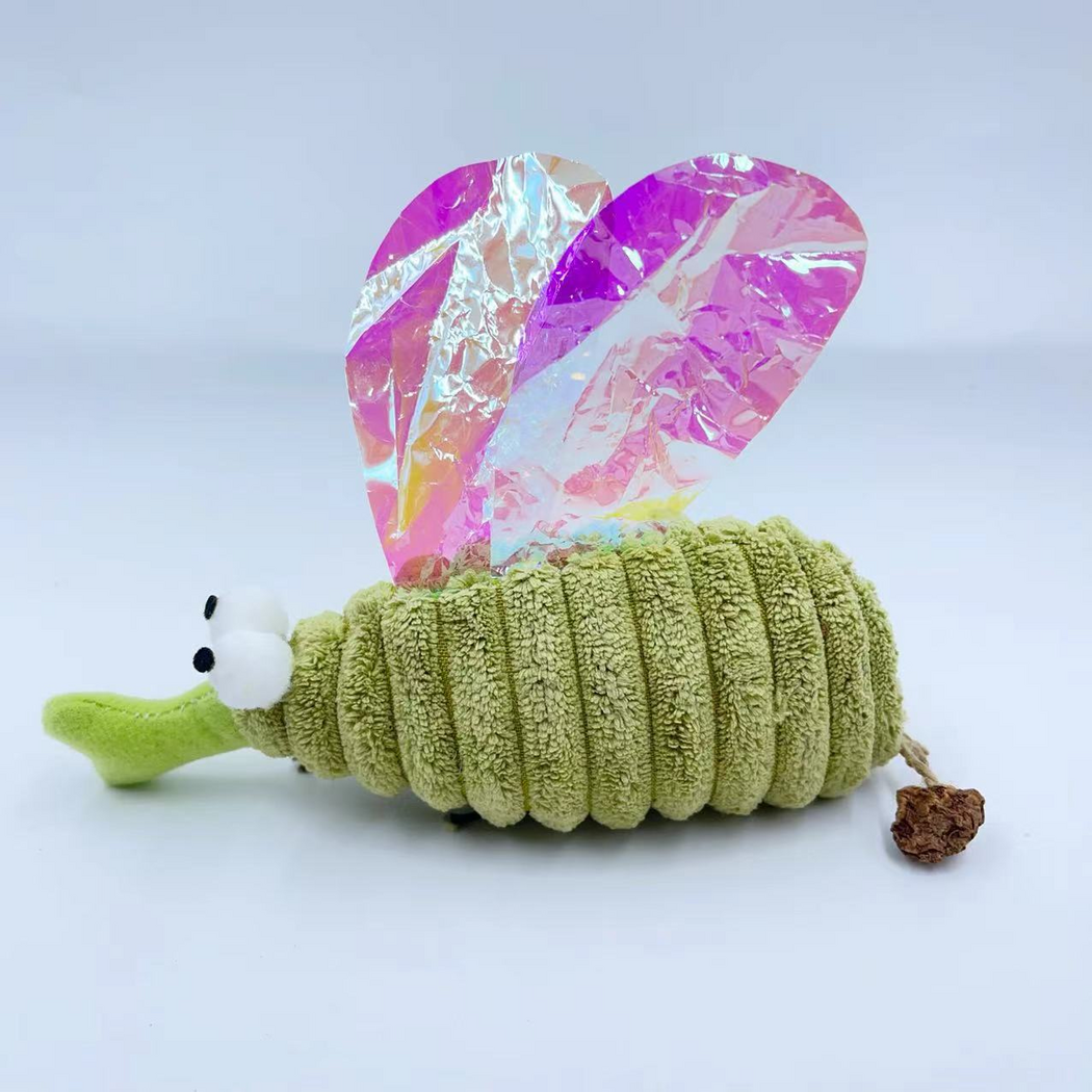 Mosquito cat toy in side view with ribbed green body and iridescent wings