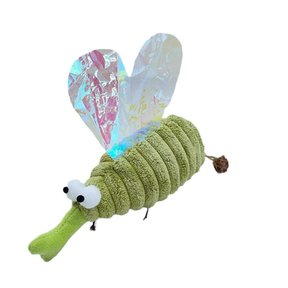 Mosquito cat toy with green ribbed body, white eyes and two iridescent wings, angled view