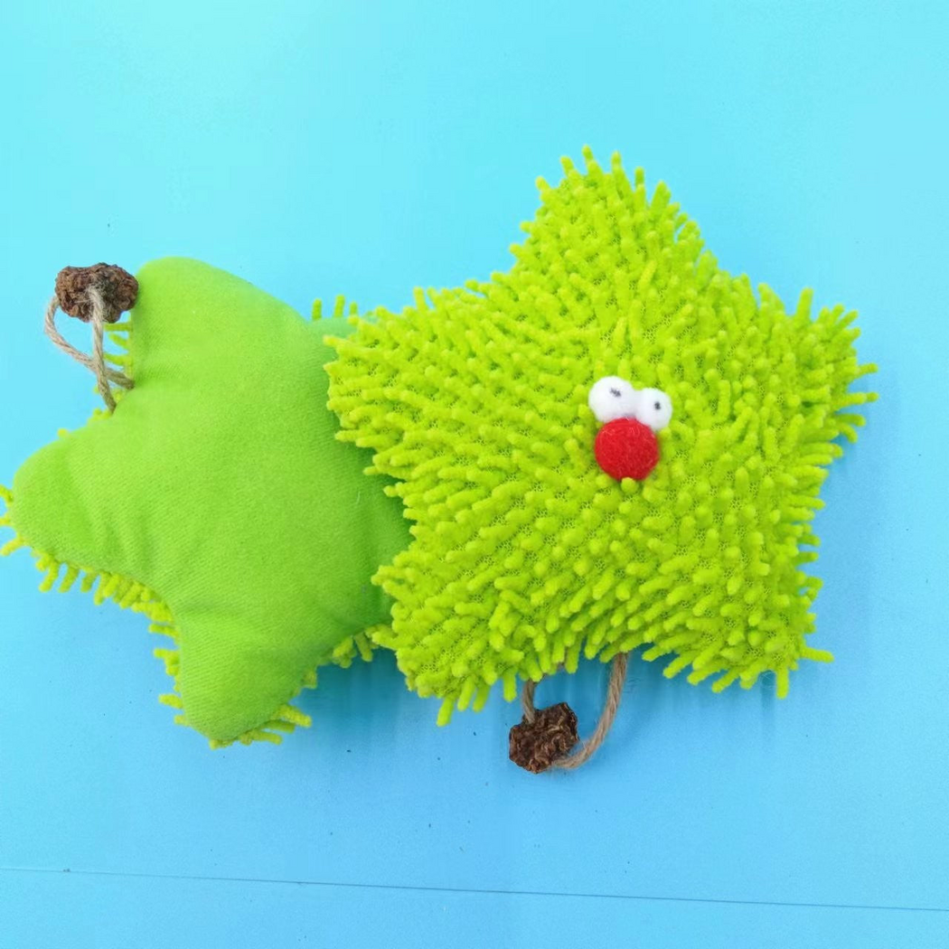 Starfish cat toy showing the tufted front, smooth reverse and dangling brown attachments