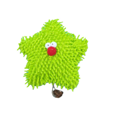 Starfish cat toy with a green tufted body, white eyes, red nose and dangling brown attachment