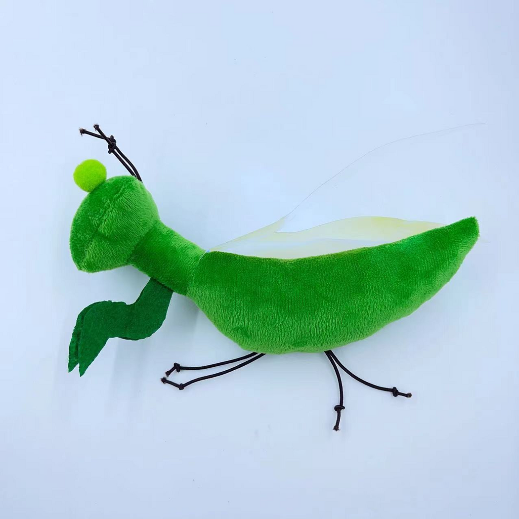 Mantis cat toy, reverse side view showing tapered green body and knotted black cord legs