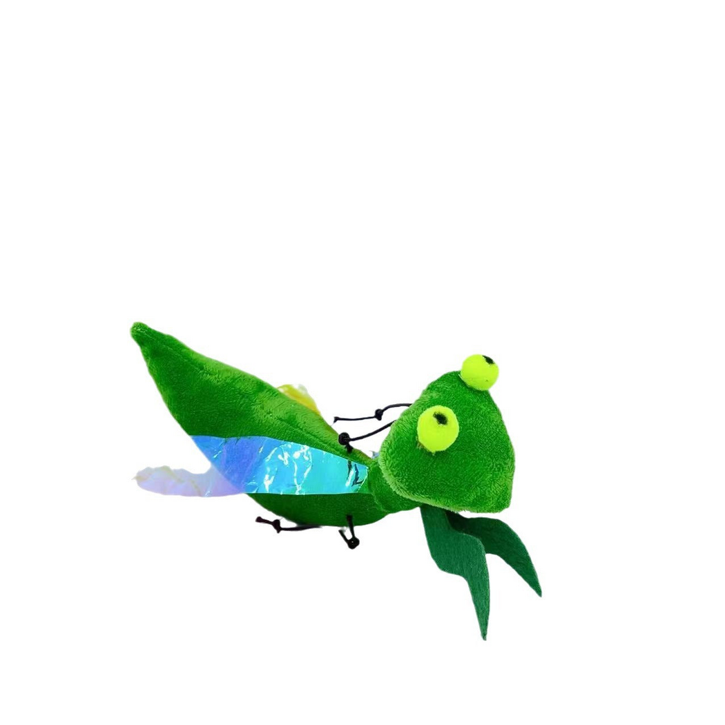 Mantis cat toy in three-quarter view with raised yellow-green eyes and dark green front appendages