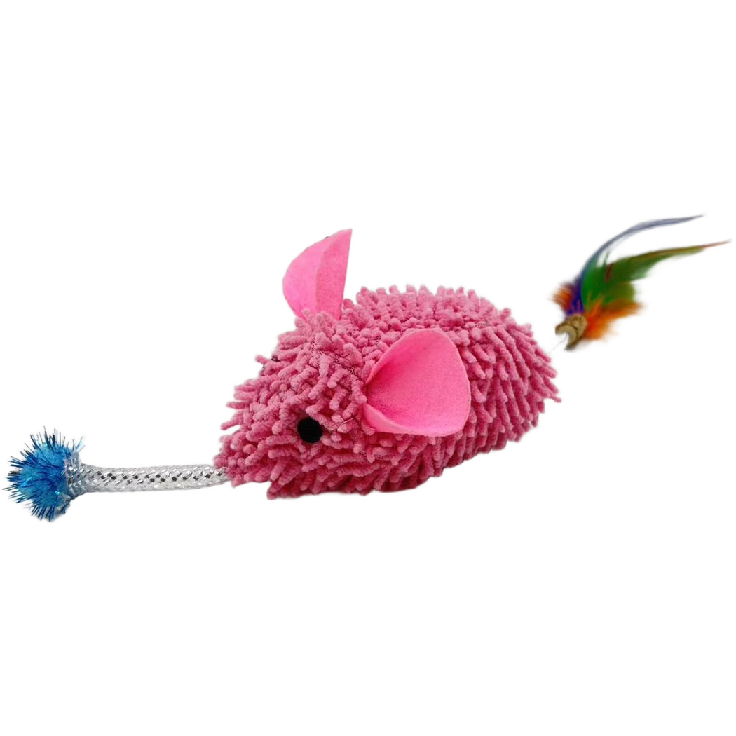 Pink mouse-shaped cat toy with silver-colored mesh tube, blue tuft and multicolored feathers, side view