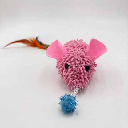 Pink mouse-shaped cat toy, front view showing both ears, black eyes and blue tuft
