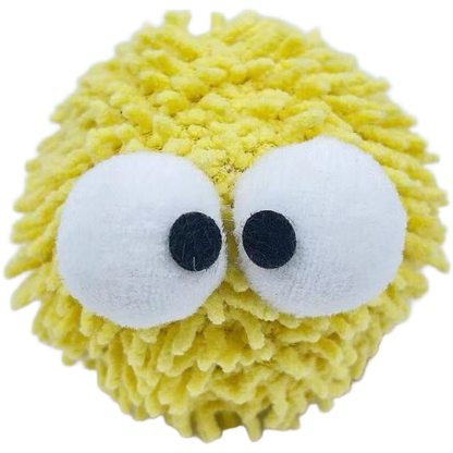 Yellow ball cat toy with two large white eyes, front view