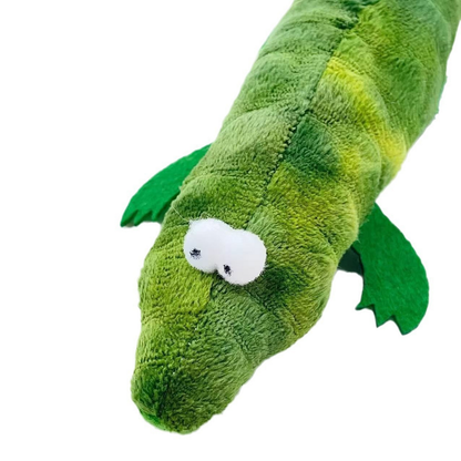 Close-up of the Crocodile cat toy's tapered snout, raised white eyes and green front legs