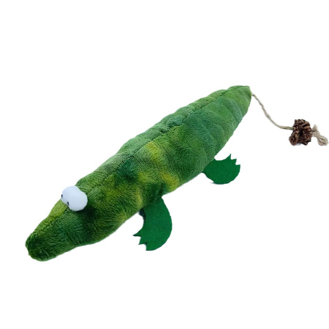 Crocodile cat toy with mottled green body, flat legs and tail cord with brown attachment