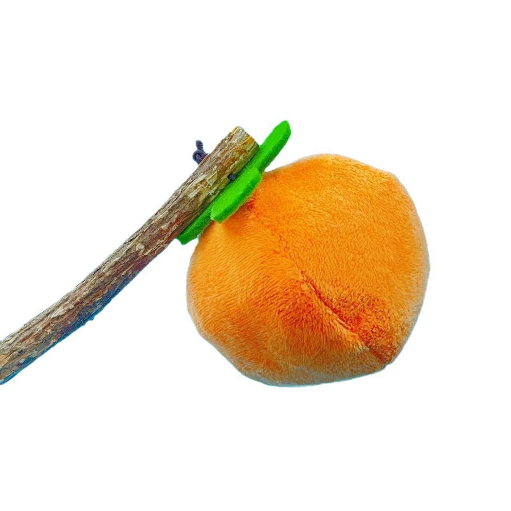 Persimmon cat toy, rear detail showing the orange body seam and green top
