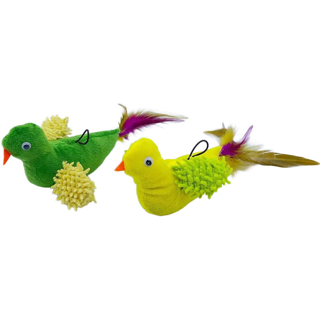 Green and Yellow bird-shaped cat toys with textured wings, black loops and feather tails, side view