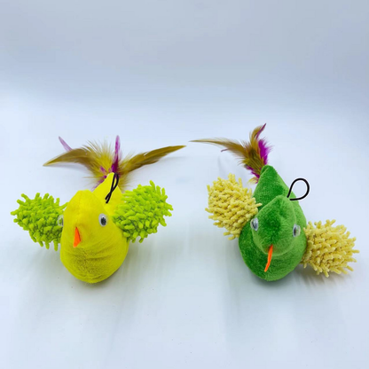 Yellow and Green bird-shaped cat toys with orange beaks, textured wings and feather tails, front view