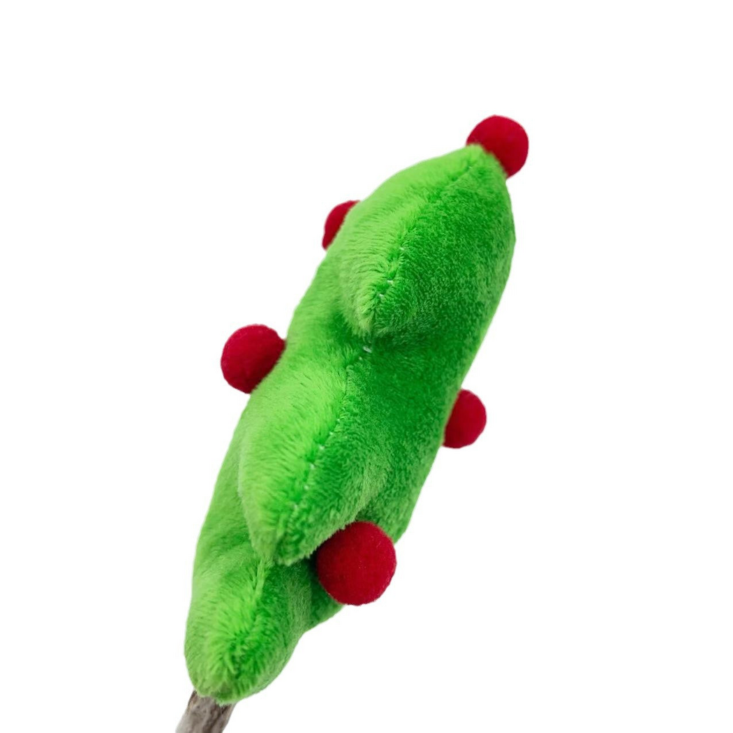 Tree cat toy side view showing its thickness, edge seam and red pom-poms
