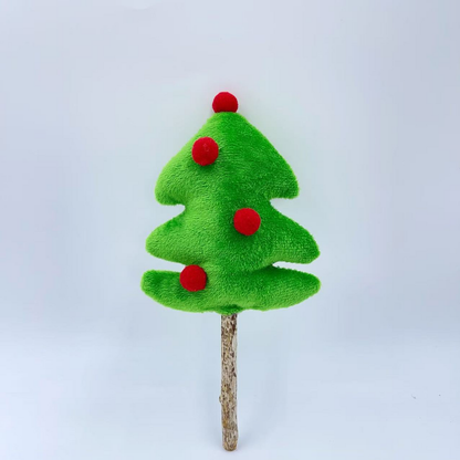 Tree cat toy with a green fuzzy body, red pom-poms and mottled brown stick, front view