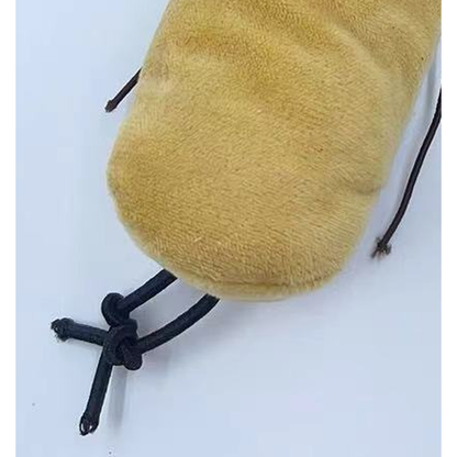 Beige centipede toy underside detail with knotted black cords