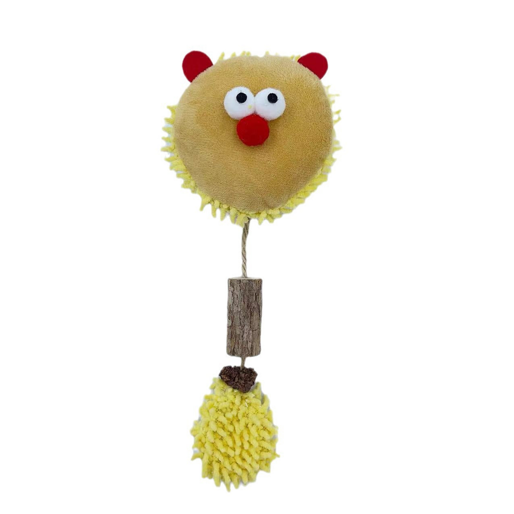 Yellow lion-face cat toy with red ears and nose, bark-textured cylinder and fringed tail, front view