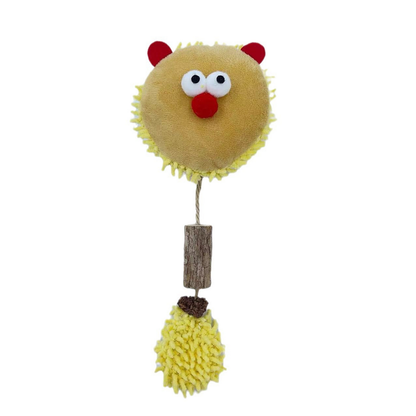 Yellow lion-face cat toy with red ears and nose, bark-textured cylinder and fringed tail, front view