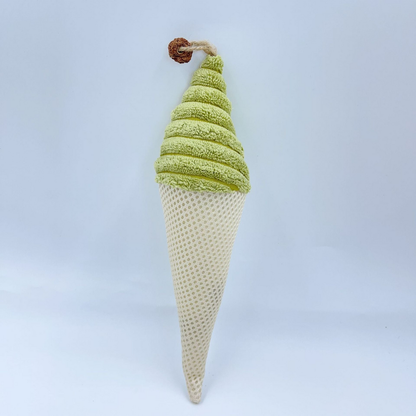 Ice Cream cat toy with a green spiral top, cream mesh cone and brown ring attached by a cord