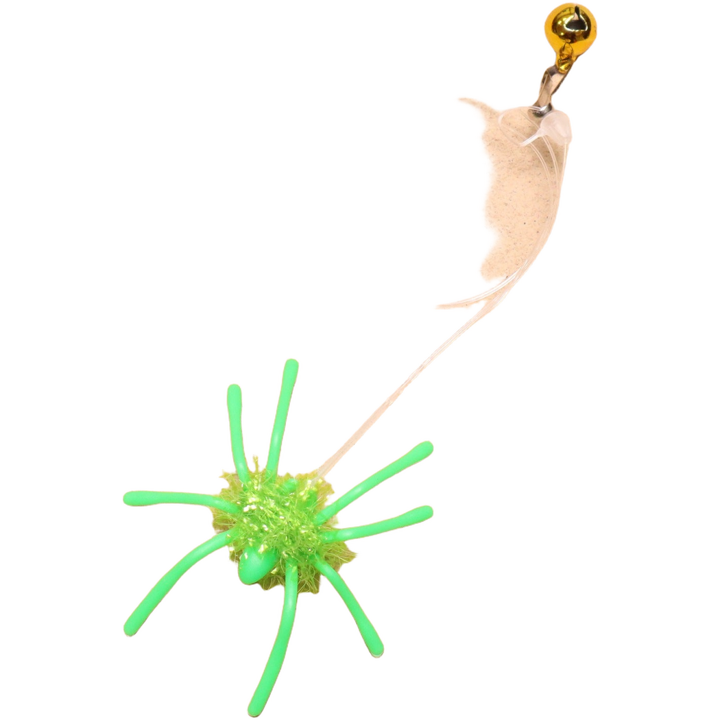 Green spider cat toy with clear line, metal clip and bell
