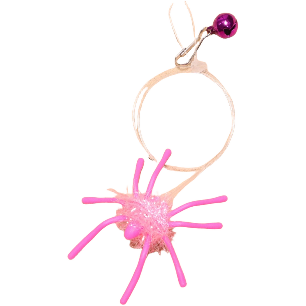 Pink spider cat toy with looped clear line, metal clip and bell