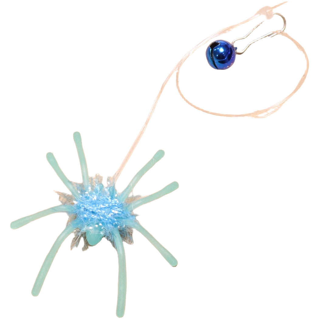 Blue spider cat toy with clear line, metal clip and bell