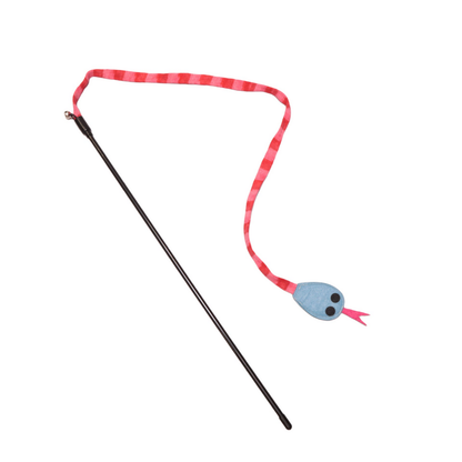 Snake wand cat toy with a red striped lure, blue head and black wand on white