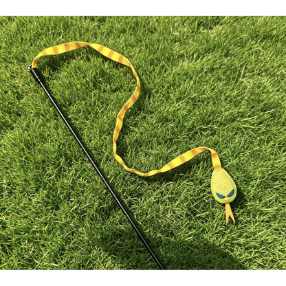 Yellow cat teaser toy detail; lower rod or rope end cropped