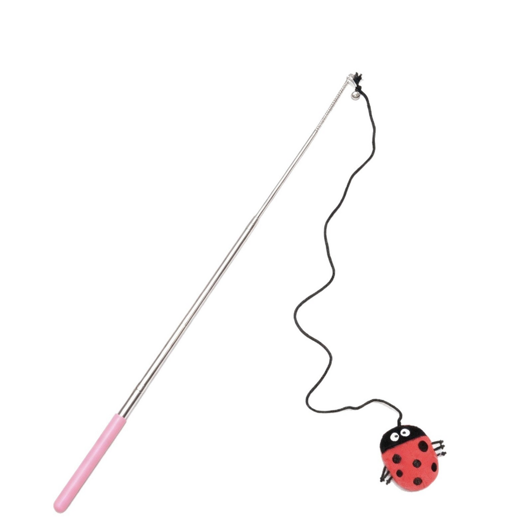 Red Ladybug cat teaser wand with pink handle and black cord