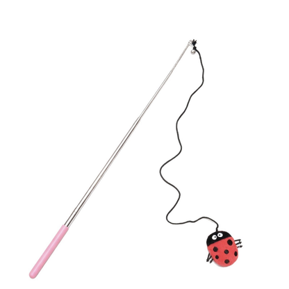 Red Ladybug cat teaser wand with pink handle and black cord