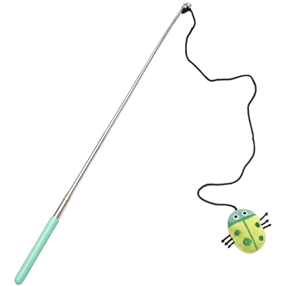 Green Ladybug cat teaser wand with green handle and black cord