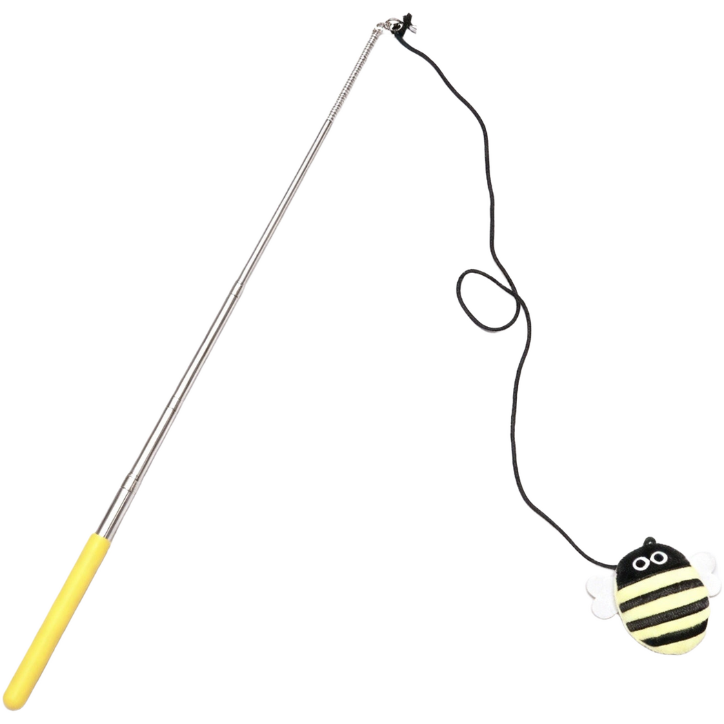 Bee cat teaser wand with yellow handle, striped attachment and black cord