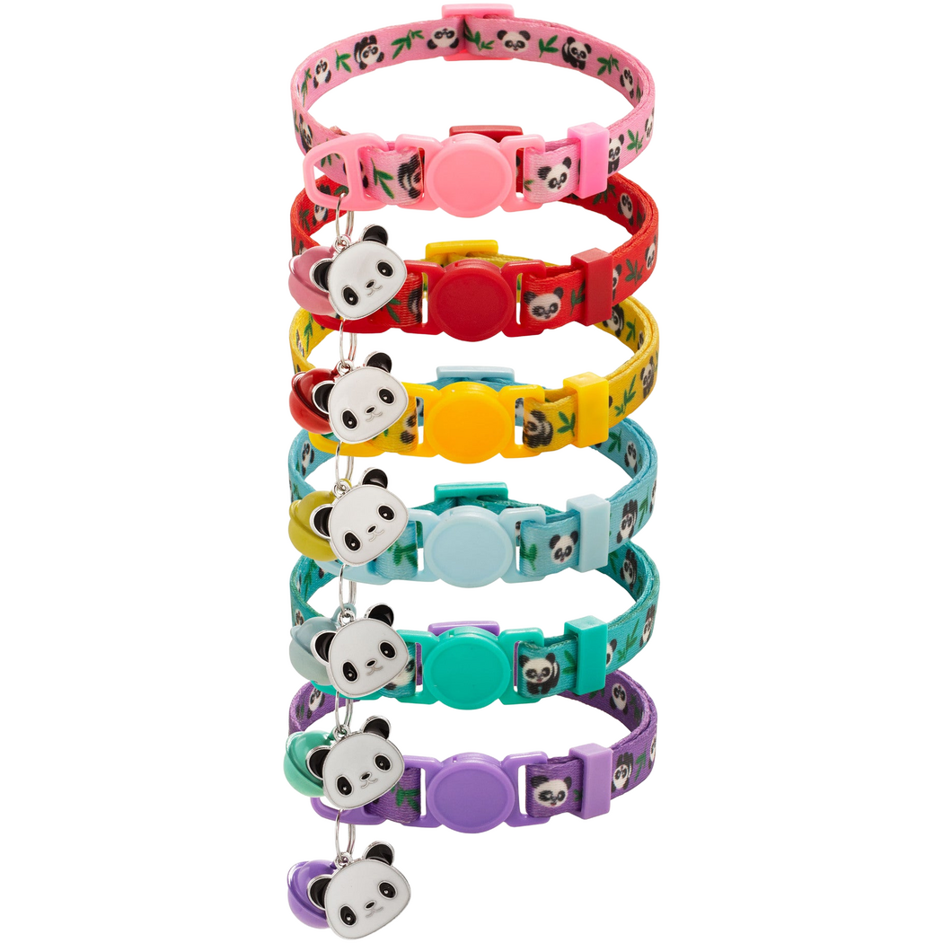 Panda-pattern Cat Collars in six colors, displayed in loops with bells and panda-face charms