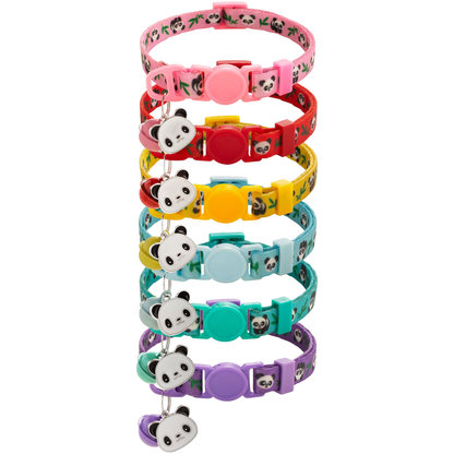 Panda-pattern Cat Collars in six colors, displayed in loops with bells and panda-face charms