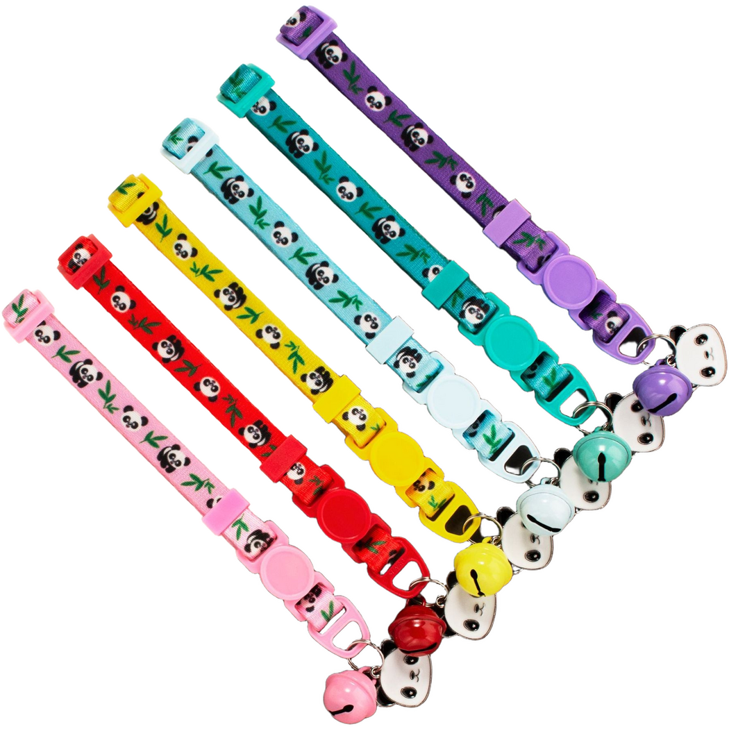 Six colors of panda-pattern Cat Collars laid diagonally, showing straps, buckles, bells and charms