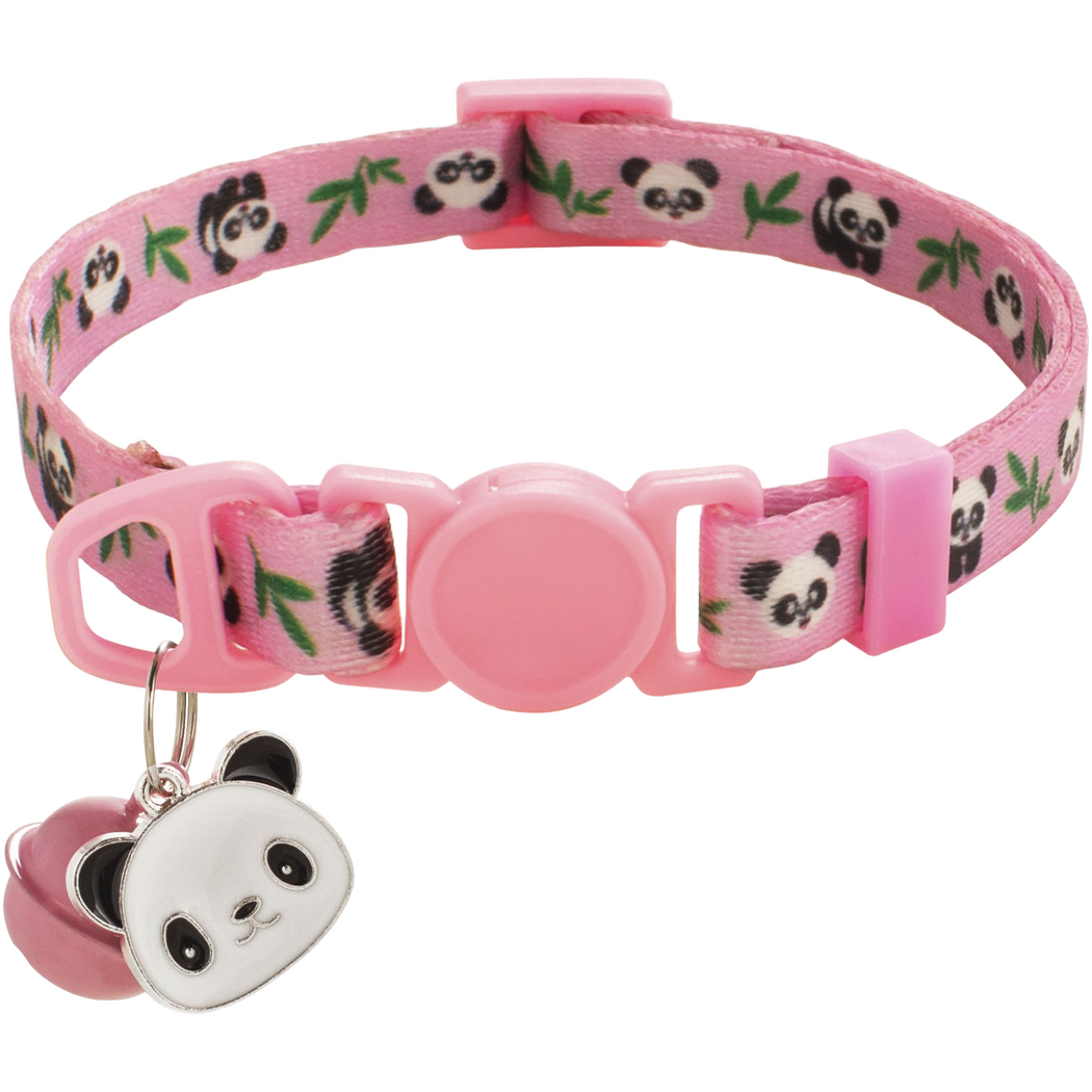 Pink Cat Collar with panda-and-bamboo pattern, circular buckle center, bell and panda-face charm