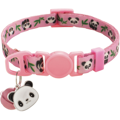 Pink Cat Collar with panda-and-bamboo pattern, circular buckle center, bell and panda-face charm