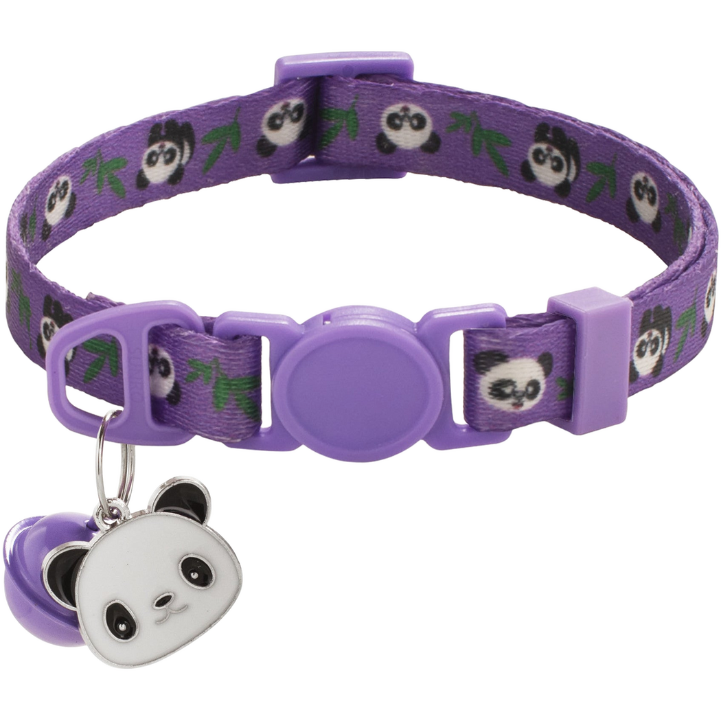 Purple Cat Collar with panda-and-bamboo pattern, circular buckle center, bell and panda-face charm