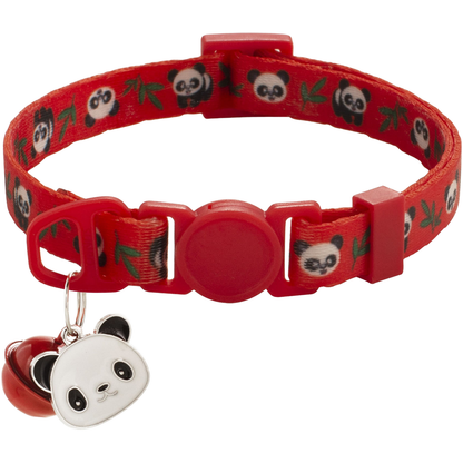 Red Cat Collar with panda-and-bamboo pattern, circular buckle center, bell and panda-face charm