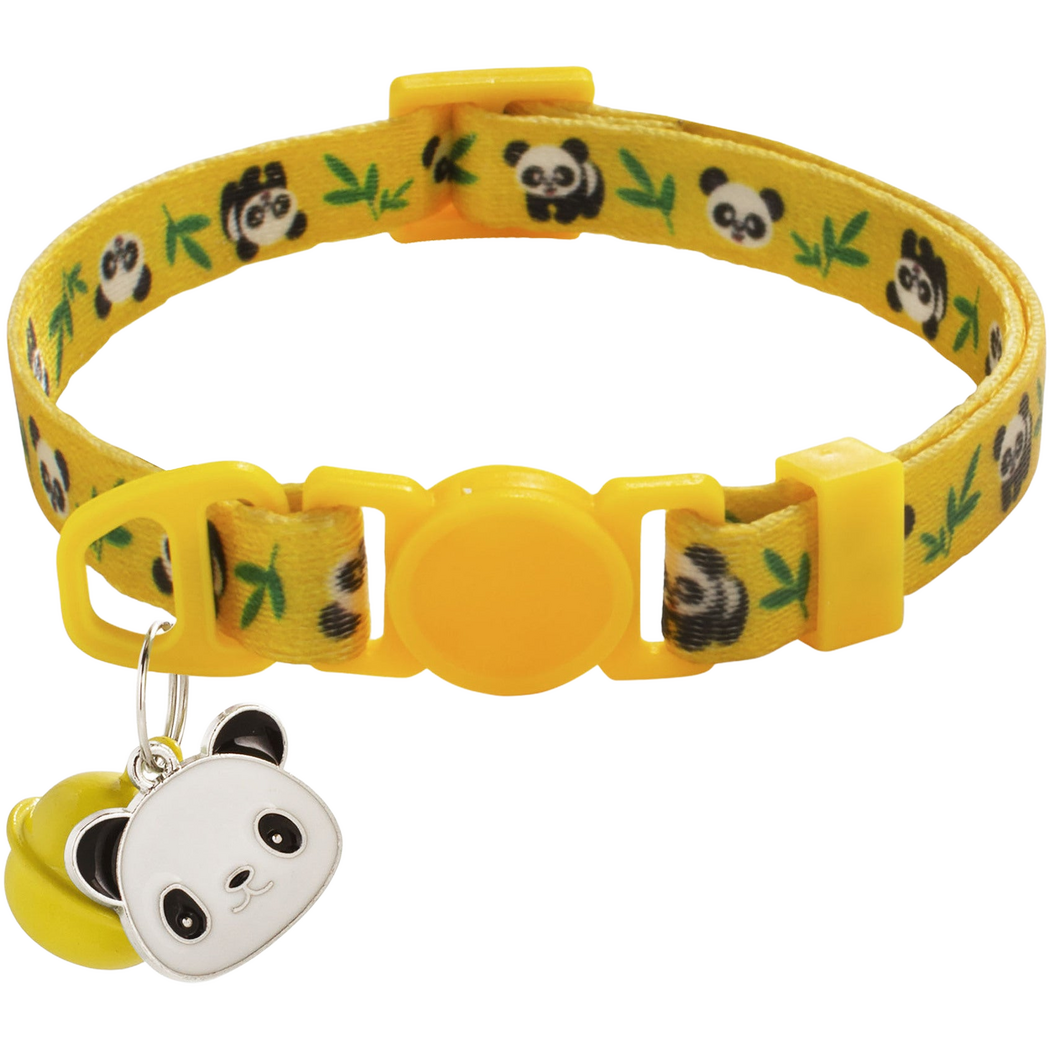 Yellow Cat Collar with panda-and-bamboo pattern, circular buckle center, bell and panda-face charm