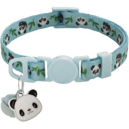 Blue Cat Collar with panda-and-bamboo pattern, circular buckle center, bell and panda-face charm