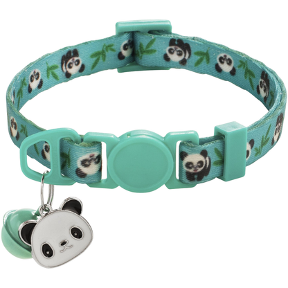 Mint Cat Collar with panda-and-bamboo pattern, circular buckle center, bell and panda-face charm