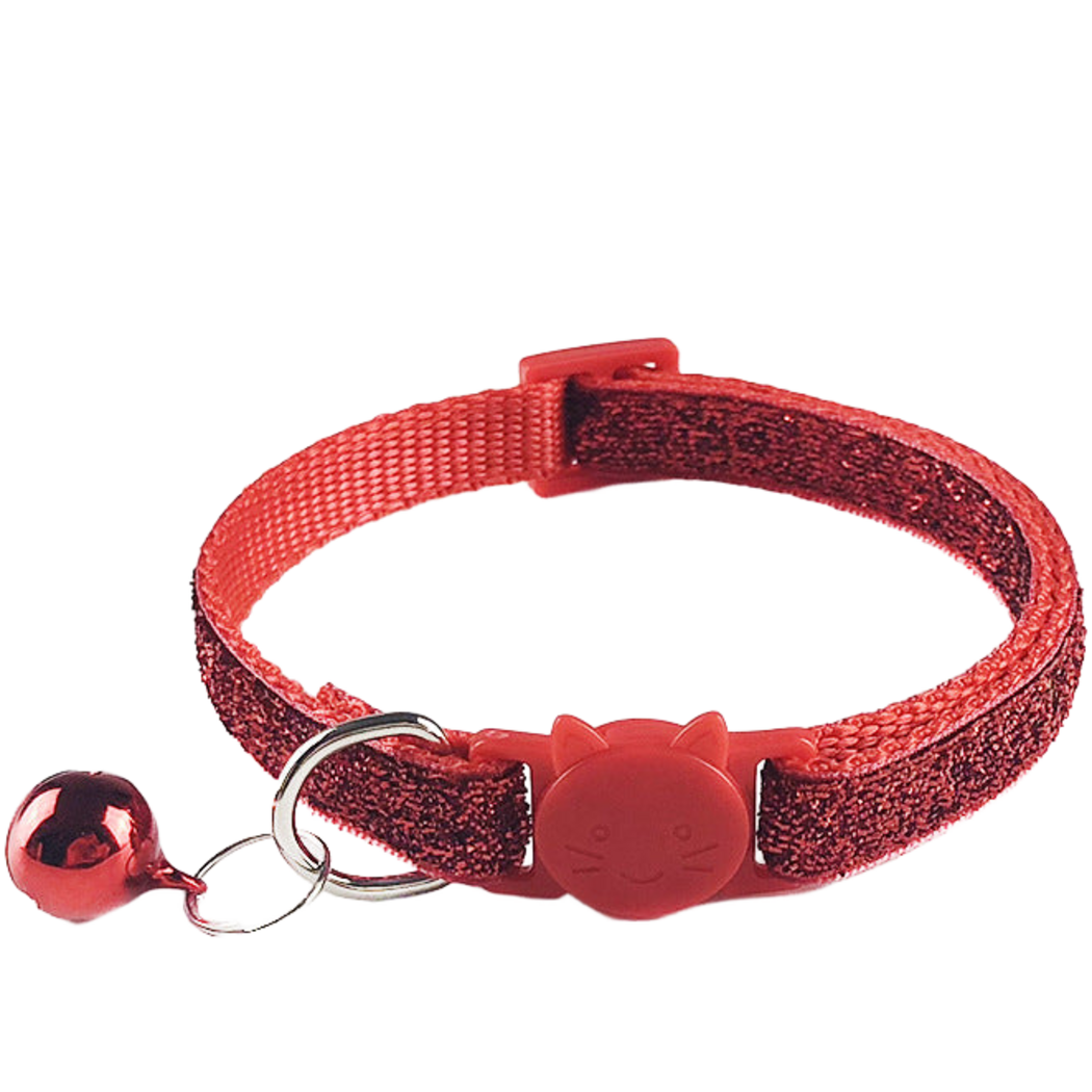 Red glittery cat collar with cat-face buckle and hanging bell